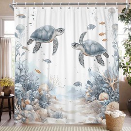 ChloropLastid Ocean Shower Curtain, Turtle Fish Coastal Beach Bathroom Decor 72 x 72 Inch Polyester Fabric Summer Beach Underwater World for Ocean Decor Bath Curtain with Hooks
