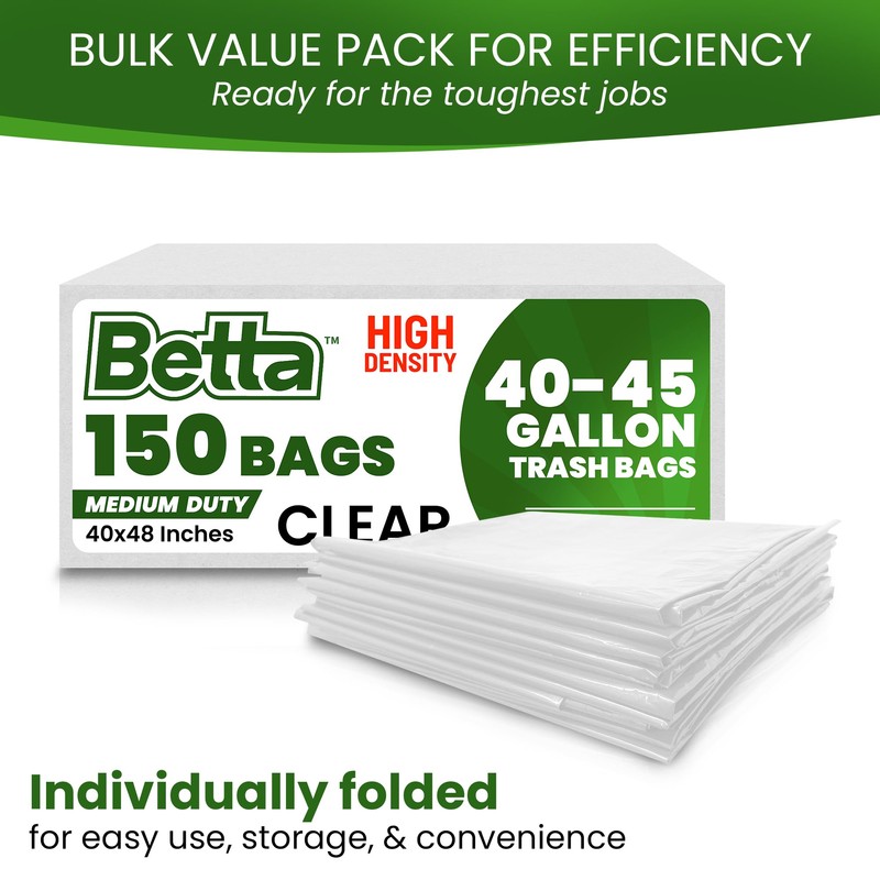 Betta 40-45 Gallon Clear High-Density Trash Bags, 150 Count Box,