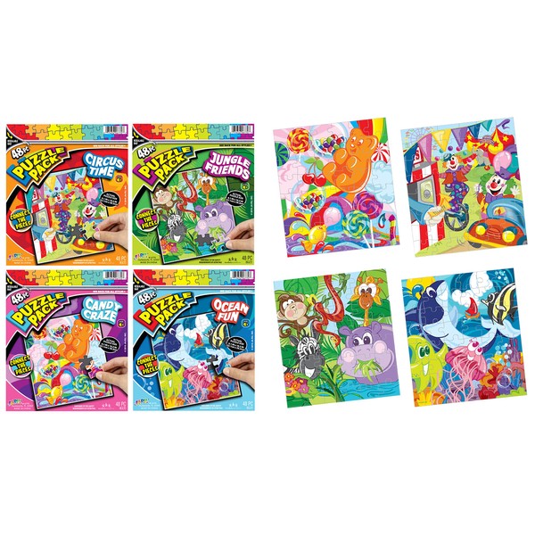 JA-RU's Mini Puzzle Pack (4 Puzzle Pack Assorted) with Resealable Travel Bag. Animal Puzzle Toys for Kids. Preschool Learning & Toddler Educational Toys Set. Party Favors Birthday Gift. 6770-4s