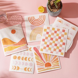 RECYCO Swedish Dishcloths for Kitchen | 6 Packs Desert Sunset Washable Dish Rags | Cellulose Reusable Cleaning Paper Towels | Absorbent Counter Dish Cloth Sponge Kitchen Wipes, 8" L x 7" W