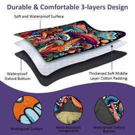 Mushroom Picnic Blankets Waterproof Foldable Picnic Outdoor Blanket 80"x 60" Picnic Mat 3-Layer Thicking Outdoor Foldable Blankets Sandproof Lightweight Beach Blankets with Strap Machine Washable