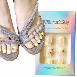 Fantasticlady Fake Toenails Mirror Square Short Toe Press on Nails,Yellow&Pink Toe Nails, Solid Color, Glitter Press on Toenails,Graphic Design,Summer,Acrylic nails for Women(24 pcs)