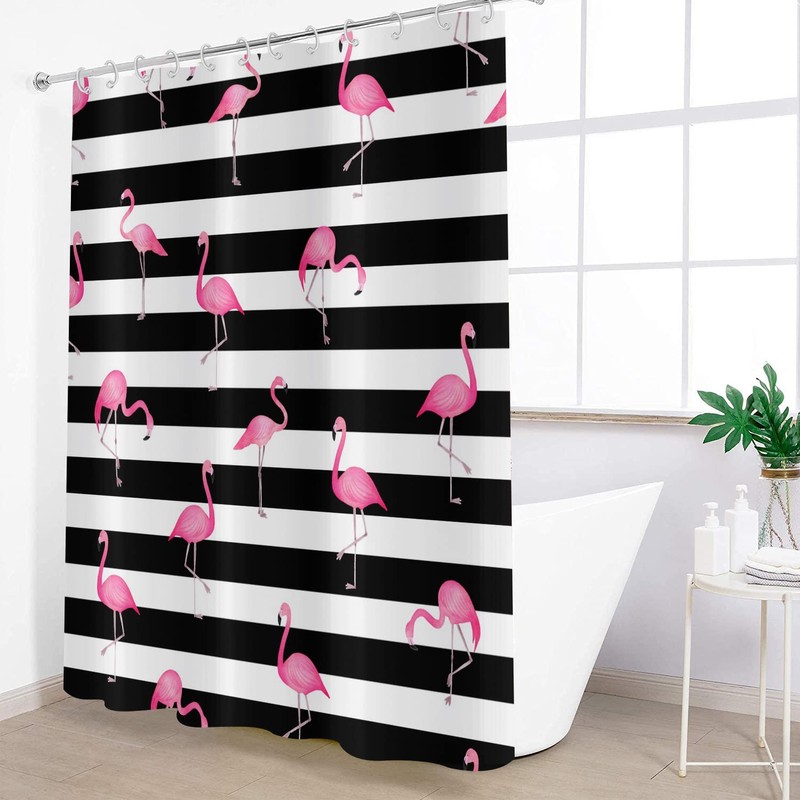 GCIREC Flamingo Shower Curtain, Black White Stripe with Hot Pink