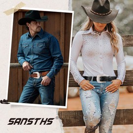 SANSTHS Western Belts for Men Women, Adjustable Mens Cowboy Country Belt for Pants Jeans with Vintage Engraved Leather, Silvery Bull/Black