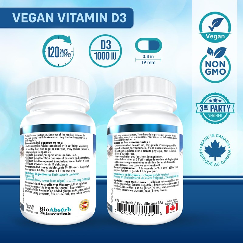 Vegan Vitamin D3 1000 IU, 4 Month Supply of Vitamin