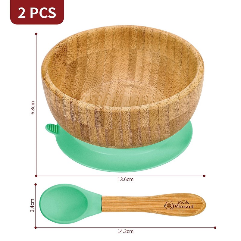 Vinsani Bamboo Bowl and Spoon Set for Baby/Toddler, Suction Plate,