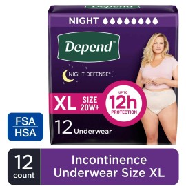 Depend Night Defense Incontinence Underwear for Women,Adult Diapers,XL,12 Count