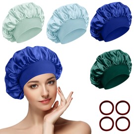 Pack of 4 Satin Hair Caps, Night Sleep Cap with 4 Hair Elastics, Sleep Cap, Hair Protection, Elastic, Reusable Bonnet Sleep Cap, Satin Bonnet Sleeping Cap for Women and Girls