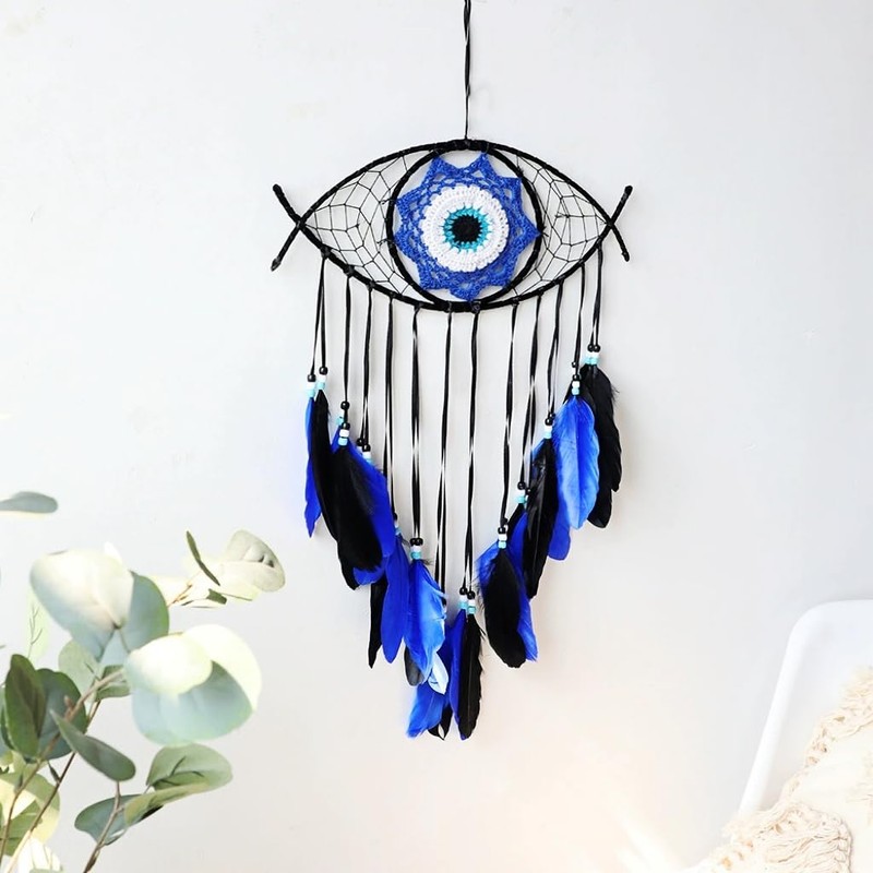 JZK Evil Eye black dream catcher, blue feather dream catcher