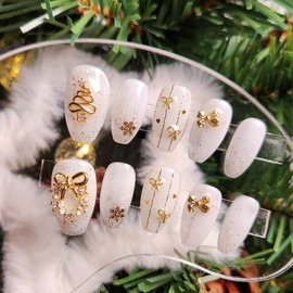 White Gold Christmas Nail Tips - Coffin / 화이트 골드 크리스마스 네일팁 - 코핀
