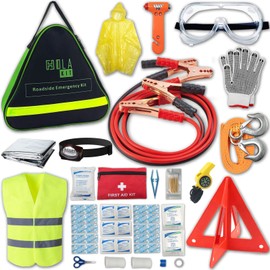 HolaKit Auto Emergency Kit, 55-Piece Car Emergency Roadside Kit with Jumper Cables, First Aid Kit, Safety Hammer, Goggles, Tow Ropes and More Ideal Car Essential Accessories for Women and Men