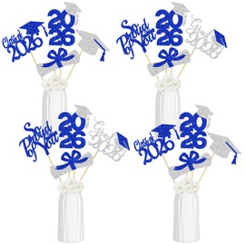 24Pcs 2026 Graduation Table Centerpieces Sticks Blue and Silver 2026 Graduation Centerpieces for Tables 2026 Class of 2026 Graduation Party Table Decorations Blue and Silver
