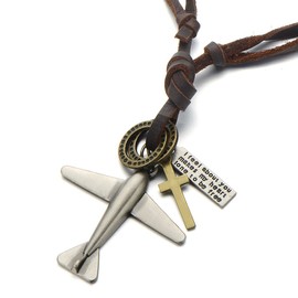 COOLSTEELANDBEYOND Unisex Vintage Airplane Pendant Necklace for Men Women with Adjustable Leather Cord, Leather, not-applicable