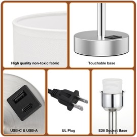 White Touch Bedside Lamp with USB - 3 Way Dimmable Table Lamp for Bedroom, Nightstand Lamp with Nickel Charging Station and Silver LampHolder for Dorm Kids Room, Small