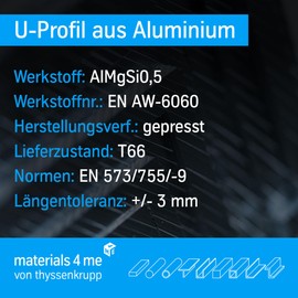 thyssenkrupp U-Profile Made of Pressed Aluminium, Aluminium Profile Rail EN AW-6060 in Various Sizes and Lengths