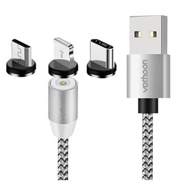 3 in 1 Magnetic Phone Charger, Micro USB, USB-C, iOS, Fast Charging (Silver)