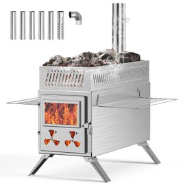 Wood Burning Sauna Hot Tent Stove, 2 in 1 Tent Wood Burning Stove with Chimney Pipe for Outdoor Camping Heating