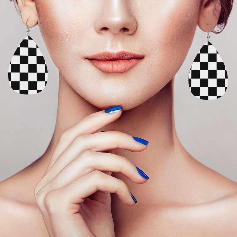 Checkerboard Chess Board Flag Faux Leather Teardrop Earrings for Women