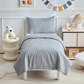 DuShow Cot Bed Duvet Cover Set, Cotton, Grey Line, Toddler Bedding Set for Boys, Reversible, 120 x 150 cm