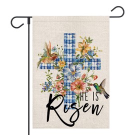 FUYUCHEN He Is Risen Easter Garden Flag 12x18 Inch Double Sided Outside Buffalo Plaid Hummingbird Cross Flowers Yard Outdoor Decoration
