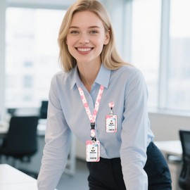 Pink Flowers ID Badge Holder with Breakaway Lanyard &Heavy Duty Retractable Reel-360°Rotating Carabiner Keychain for Women Students,Teachers, Nurses, Office Use 10