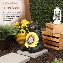 Alpine Corporation GXT520SLR-L Solar Powered Bear Statue with LED Sunflower for Outdoor Lawn and Yard Decoration, 16" H, Brown