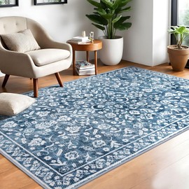 SILOLOOM Vintage 4x6 Area Rug, Denim Blue White Entryway Rug Non-Slip, Washable Living Room Rug Thin Printed Faux Wool Floor Super Soft Carpet Throw Rugs for Bedroom Dining Room Indoor Office