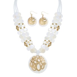 Xalroco Gold Plated Metal and Shell Pendant Necklace and Earrings Set - Statement Fashion Necklace Set - Big Colorful Layered Crystal Stone Shell Beads - Women's Chunky Jewelry Set - White