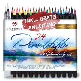 LIEBERGE Brush Pens Premium Set - 24 Watercolour Colours + 2 Water Tank Brushes - Brush Pen with Flexible Brush Tip for Watercolour, Hand Lettering, Bullet Journal, Calligraphy