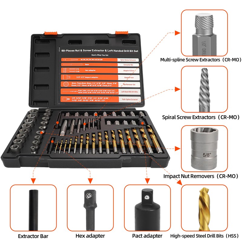 UYECOVE 56Pcs Spiral Screw Extractor Set, Left Hand Drill Bit