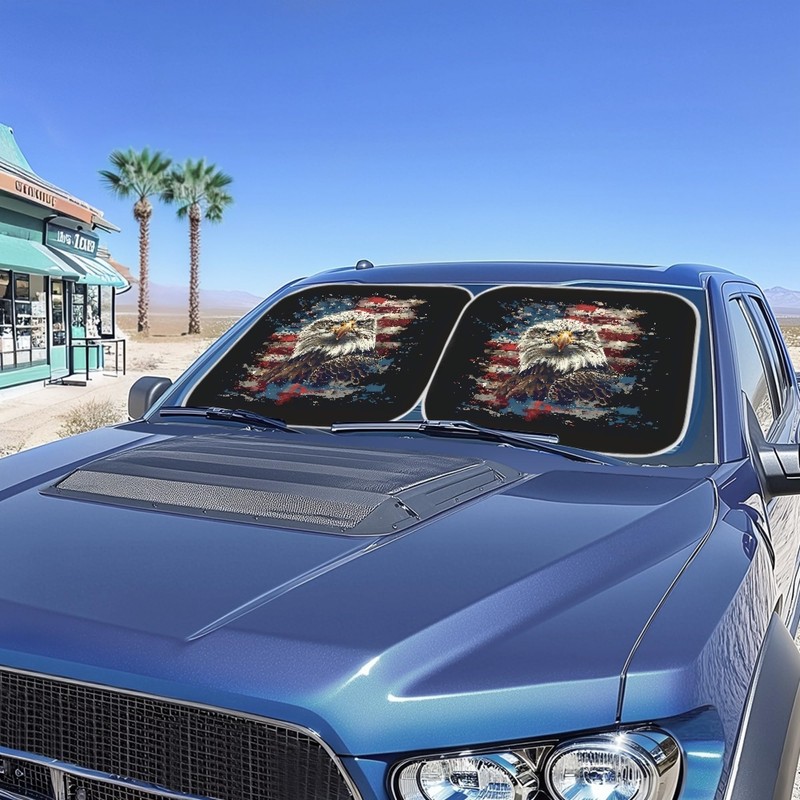 Quelytytrip Eagle Flag Print 2PCs Car Windshield Sun Shade,Blocks 99%