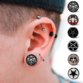 SIISPRI 6Pairs Satan Goat Head Stud Earrings Mens Earrings Set Hypoallergenic Surgical Punk Magic Pentagram Stainless Steel Round Circle Button Stud Post Earrings 10MM (Black)