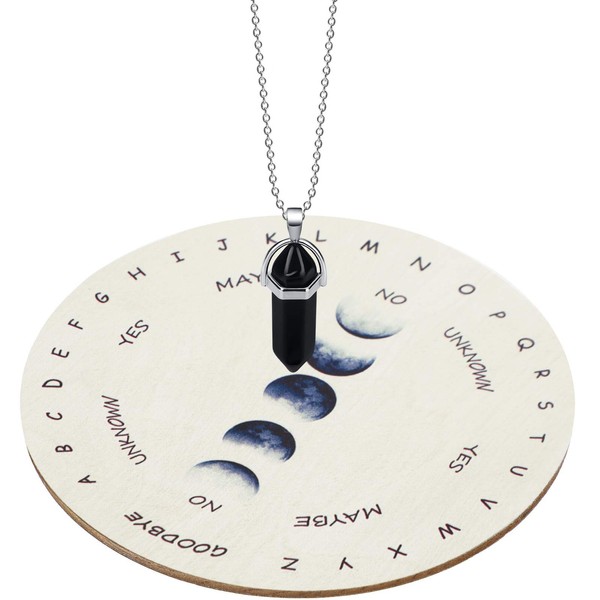 Moon Phase Pendulum Board Dowsing Divination Metaphysical Message Board Wooden Carven Board with a Crystal Dowsing Pendulum Necklace Witchcraft Wiccan Altar Supplies Kit, 4 Inches