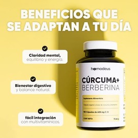 Homodeus Cúrcuma + Berberina, Cápsulas Vegetales con Cúrcuma Longa y Berberis Aristata, Suplemento Alimenticio, Apoyo al Bienestar Articular y Equilib