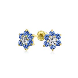 Tiny London Blue CZ Flower Stud Earrings For Women For Teen Cubic Zirconia Simulated Sapphire 14K Real Gold Screw back