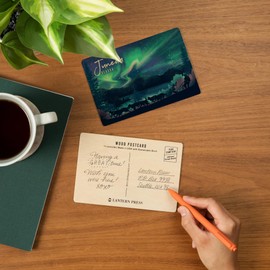 Juneau, Alaska, Northern Lights and Sled Dogs, Lithograph (4x6 Birch Wood Postcards, 2-Pack Stationary, Rustic Home Wall Decor)