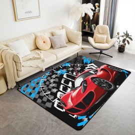 Jejeloiu Race Car Area Rug - 3x5 Speed Sports Car Accent Rug - Red Black Decorative Rug for Home Decor - Indoor Floor Mat