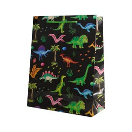 Idena 90244 - Geschenktüten Dinos, 10 Stück, Geschenktaschen in der Größe 18 x 23 x 8 cm, Schwarze Papiertüten mit Dinosauriern