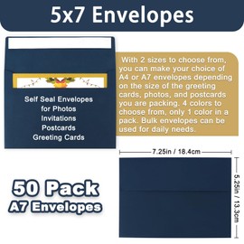 Meiikun Envelopes 5x7, 50 Pack A7 Envelopes Self Seal, Printable Invitation Envelopes for 5x7 Thank You Cards, Wedding Invitations, Photo Paper, Navy Blue Envelope for Graduation, Baby Shower, Party