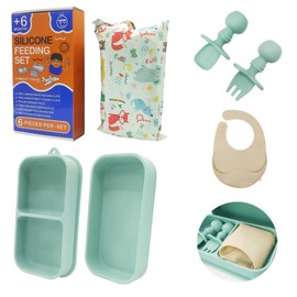 OMOCAS Travel Silicone Baby Feeding Set, 6 In 1 Portable Plates Spill Proof with Suction, Silicone Baby Spoon & Fork, Lightweight Foldable Baby Bib for Toddler with Waterproof Storage Bag - Green