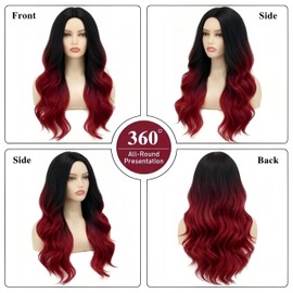 Daiaces Long Red and Black Curly Wig for Women Ombre Red Middle Part Curly Hair Wig Natural Look for Daily Party Use