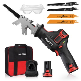 PULITUO Cordless Reciprocating Saw, Speed 3000SPM，with Clamping Jaw, 2000 mAh Battery/ 1-Hour Fast Charge,Safety Gloves& Goggles, 4Pcs of Saw Blades for Wood/Metal/PVC