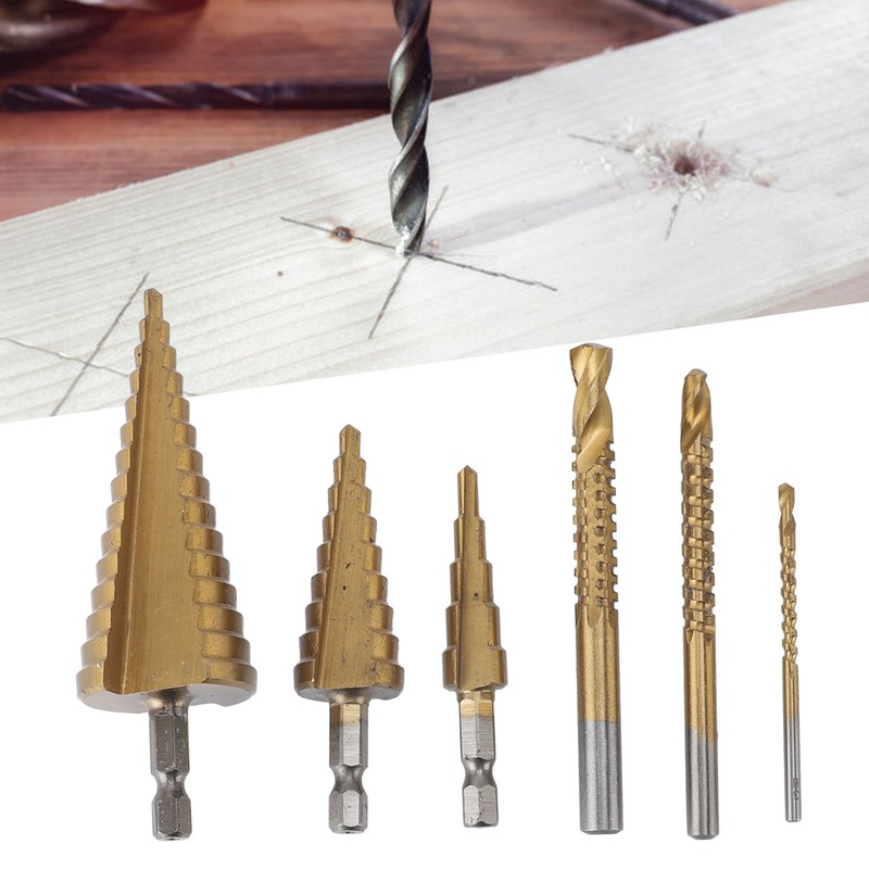 6PCS Step Drill Bit Set Hex Shank Electric Step Drill