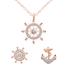 MICMIF Nautical Jewellery Set for Women, 925 Sterling Silver Rudder Chain and Earrings Set, Anchor and Rudder Jewellery Set, Asymmetrical Stud Earrings & Necklace for Girls Women Party, Sterling