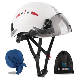 UM ULTRAMAXX Safety Helmet Hard Hat, ANSI Z89.1 Approved Lightweight Vented Work Helmet, 6-Point Adjustable Ratchet Suspension Hardhat for Industrial and Construction (White+Tinted Visor)