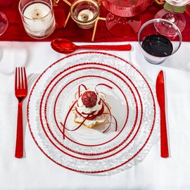 Ciaell 350 PCS Clear and Red Plastic Plates – Red Dinnerware Set for 50 Guests Include 100 Plastic Plates, 50 Pre Rolled Napkins with Cutlery Set, 50 Cups for Wedding & Party & Anniversary