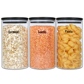 Urban Green Glass Jars with Black Lids, Glass food storage sets with airtight black lids, Glass Canisters Sets with Bamboo Lids (3 Pack of 48oz)