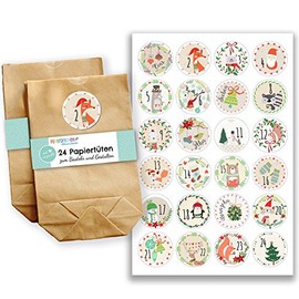 Papierdrachen Adventskalender zum Befüllen - mit 24 braunen Papiertüten und 24 bunt bedruckten Aufklebern - zum Selbermachen und Basteln - Mini Set Nr 22 - Weihnachtskalender für Kinder
