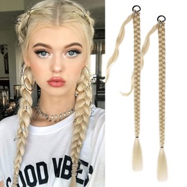 Fulang Hair 2PCS Braid Ponytail Extension Long Plait Hair Extensions with Hair Tie Straight Wrap Around Ponytail Hair Extensions for Women Pony Tails Extensions Natural Soft Synthetic Hairpieces