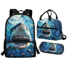 Guosanchn Ocean Shark School Bag Backpack for Elementary Boys with Lunch Box Pencil Case Middle High School Bookbag Set 3 PCS Primary Kindergartner School Daycare Bag Back Packs for Teens